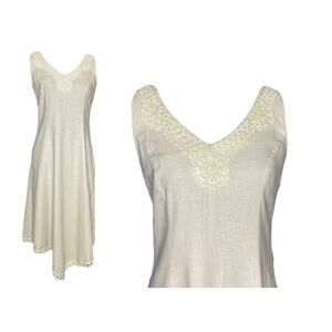 Vintage Embroidered Lace Cream Linen Blend Sleeveless Midi Dress Size 12